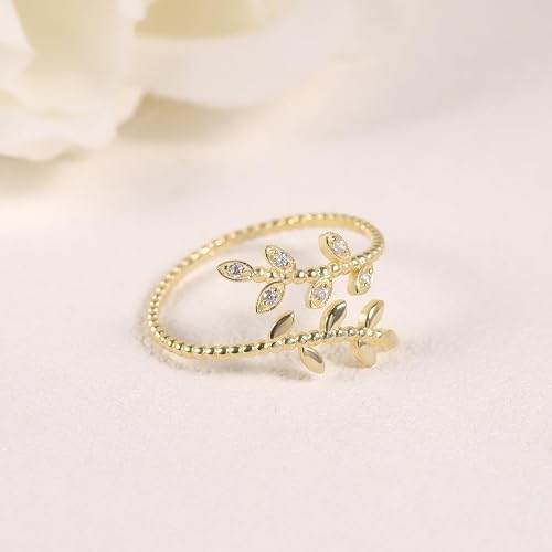 Women 9K/14K/18K Yellow Gold Leaf Moissanite Open Ring Wedding Band