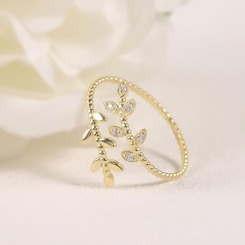 Women 9K/14K/18K Yellow Gold Leaf Moissanite Open Ring Wedding Band
