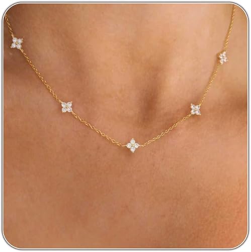 Dainty Silver Gold Necklaces for Women Cute Station Choker Simulated Diamond Necklace Simple Layering CZ Necklace Trendy Jewelry Gifts