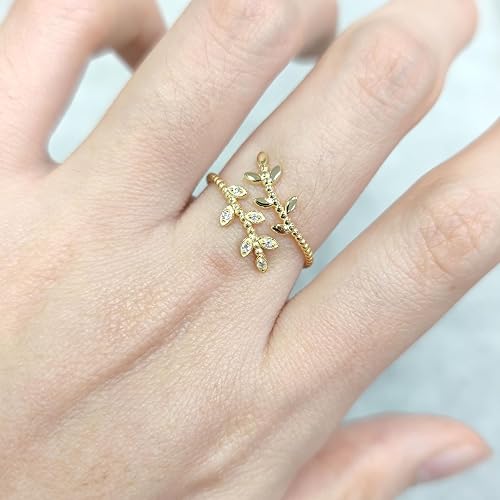 Women 9K/14K/18K Yellow Gold Leaf Moissanite Open Ring Wedding Band