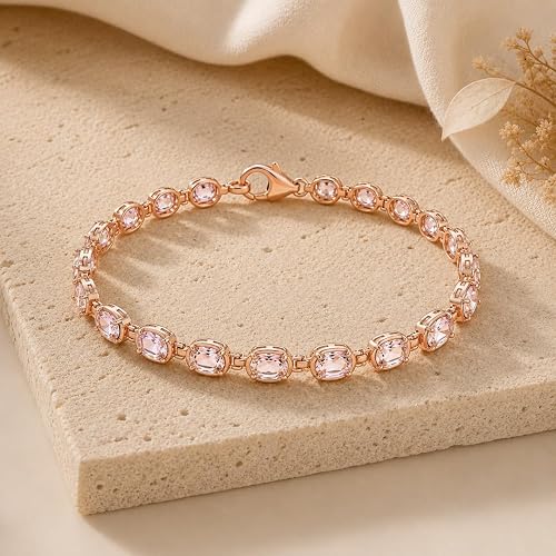 Fine Color Jewels Morganite Tennis Gemstone Accent Bracelet Sterling Silver, oval shape, prong setting, box with tongue & safety closure, classic design, tennis style